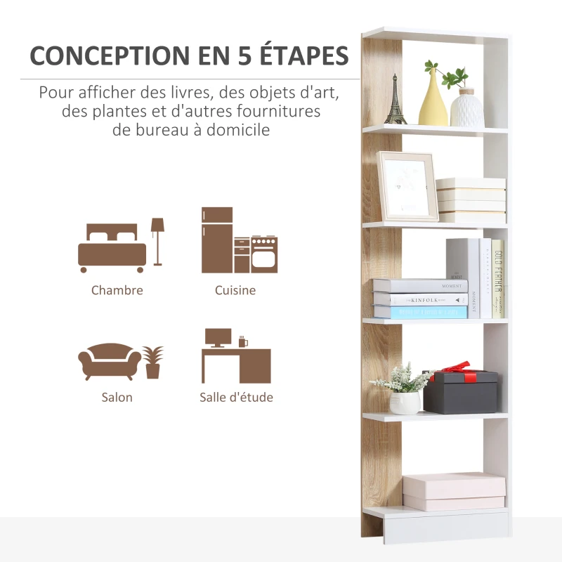 HOMCOM Bibliothèque Étagère de Rangement avec 5 Compartiments Ouverts Design Simple Moderne Idéale pour Salon Chambre Bureau 45 x 21 x 170 cm Blanc et Chêne