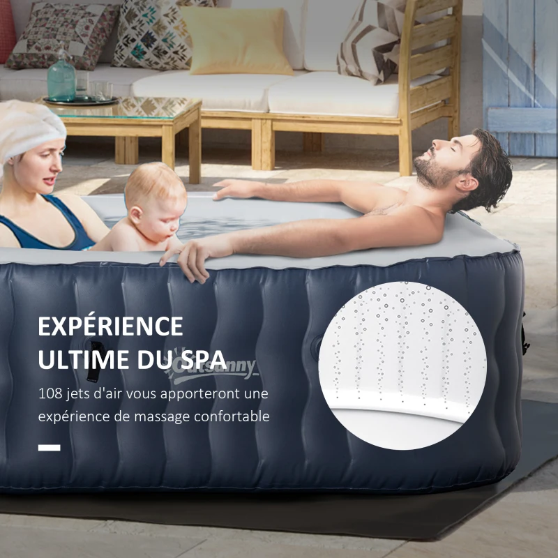 Outsunny Spa gonflable carré 930 litres avec 108 jets de massage 4-6 personnes spa chauffé à 40°C avec filtre et pompe 180x180 cm, liner PVC bleu et blanc