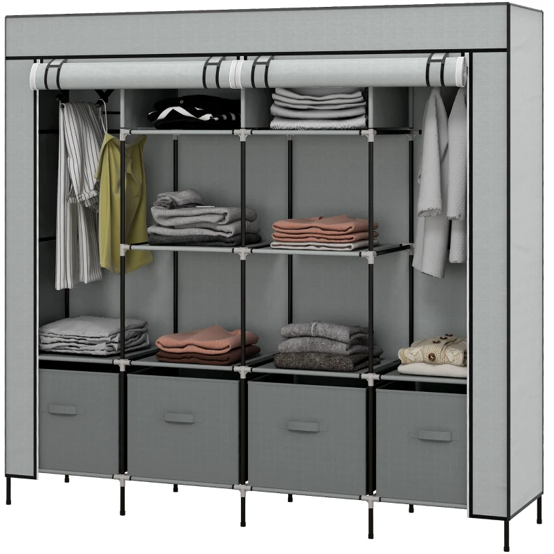 HOMCOM Kleiderschrank Stoffschrank, Türen, 2 Kleiderstangen, 10 Fächer, Grau(m-10)