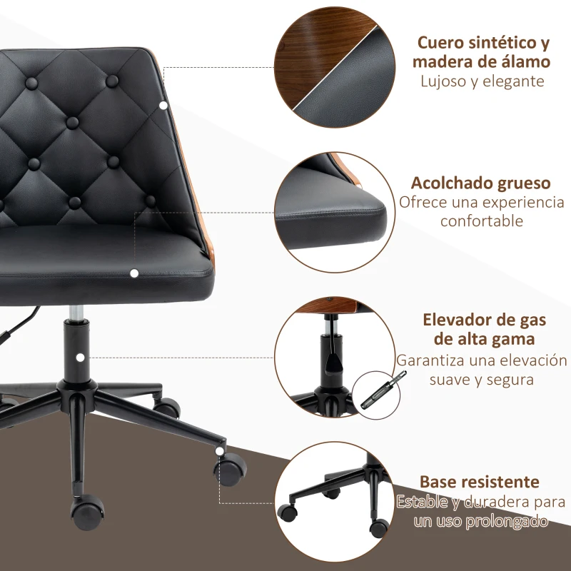 Vinsetto Silla de Oficina con Altura Ajustable y Basculante para Dormitorio Oficina 53x62x77-87 cm Negro y Madera