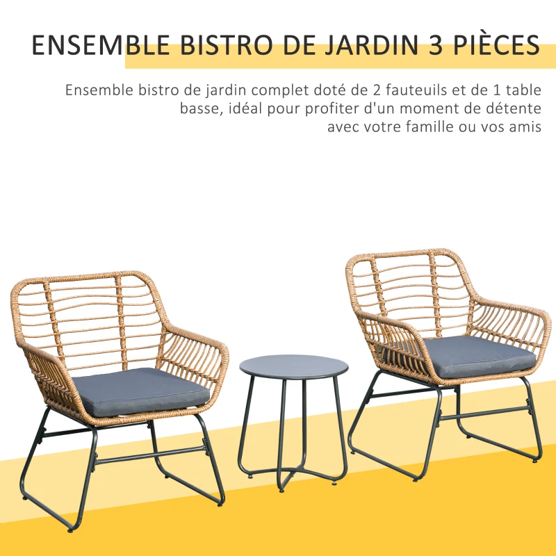 Outsunny Ensemble Bistro de Jardin 2 Places 3 pièces Style Exotique 2 fauteuils + Table Basse résine tressée Beige Acier époxy Gris