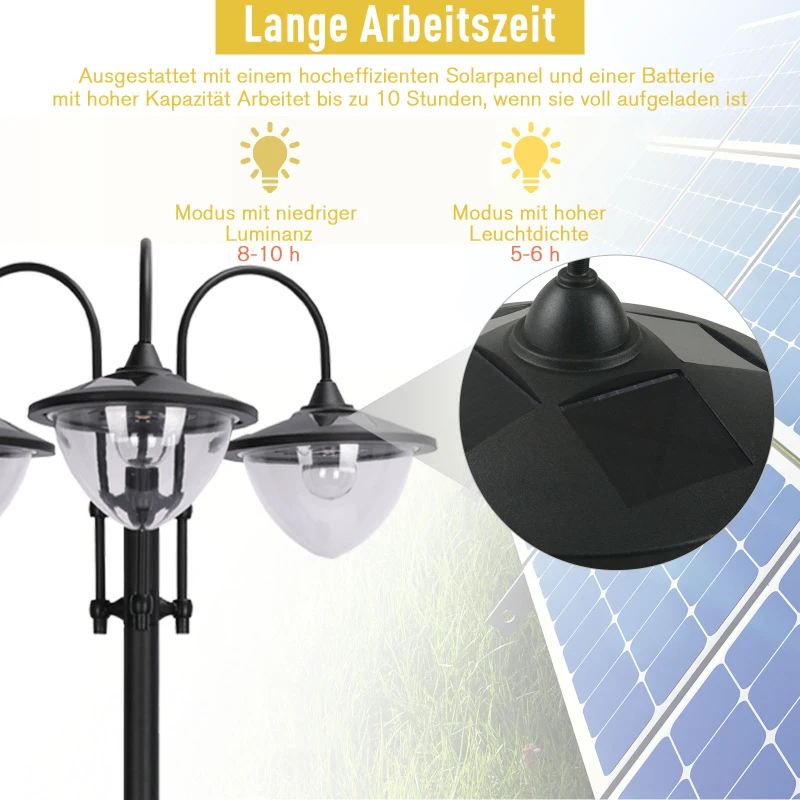 Outsunny Solar Laterne Stehleuchte aus Metall, Gartenlaterne mit Lichtsteuerung, 189 cm hoch, Windlicht Außenleuchte, Wasserdicht IP44 mit Blumentopf-Basis für Garten Balkon Deko Schwarz