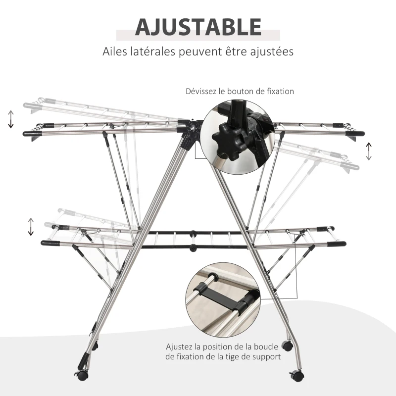 HOMCOM Séchoir à linge étendoir pliable avec roulettes grand espace d'étendage acier inoxydable 138,5 x 63 x 208 cm argent noir