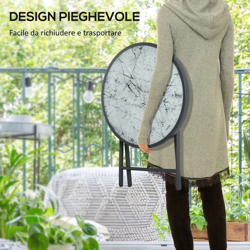 Outsunny Tavolino da Caffè per Giardino Pieghevole con Piano in Vetro Effetto Marmo, Ø45x50cm, Grigio