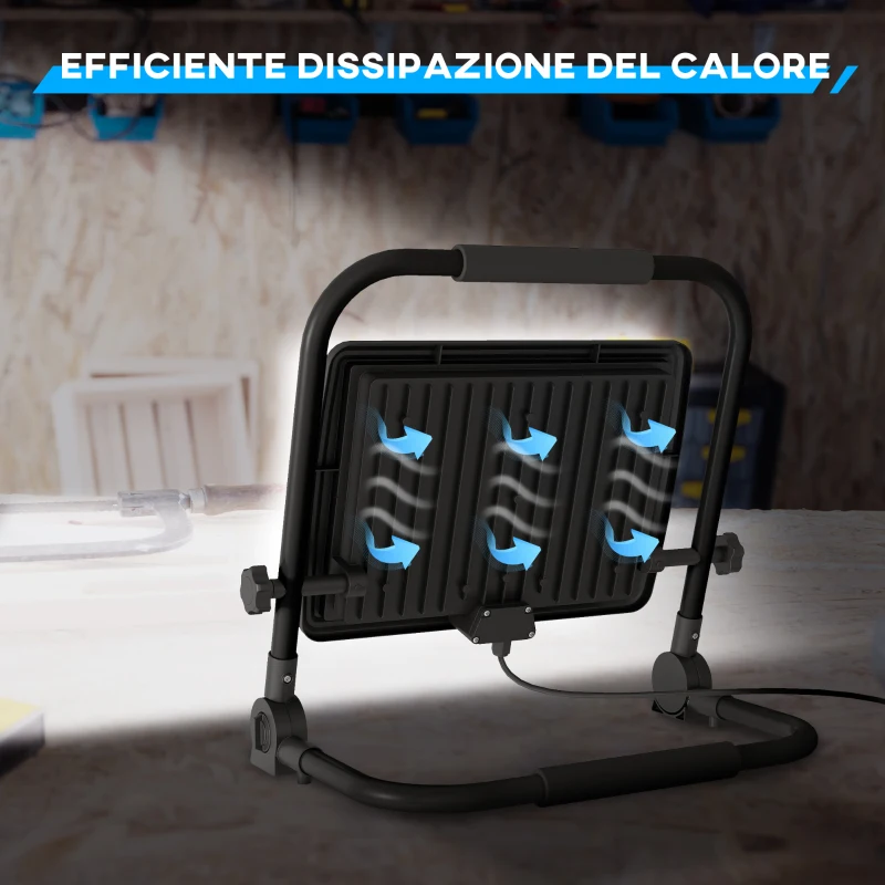 HOMCOM Faretto LED da Lavoro da 6500K con Testa Girevole e Supporto Regolabile, in Alluminio e Metallo, 35x20x32 cm, Nero