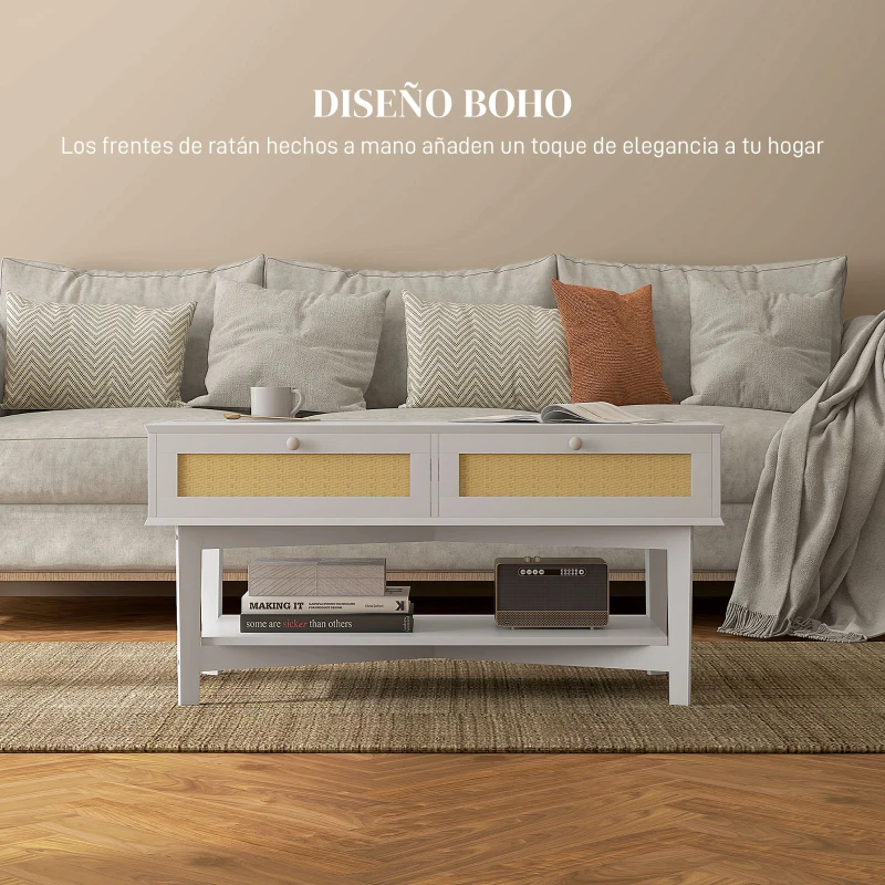 HOMCOM Mesa de Centro Blanca Mesa Baja con 2 Cajones Decorativos de Ratán y Estante de Almacenamiento 100x50x50 cm