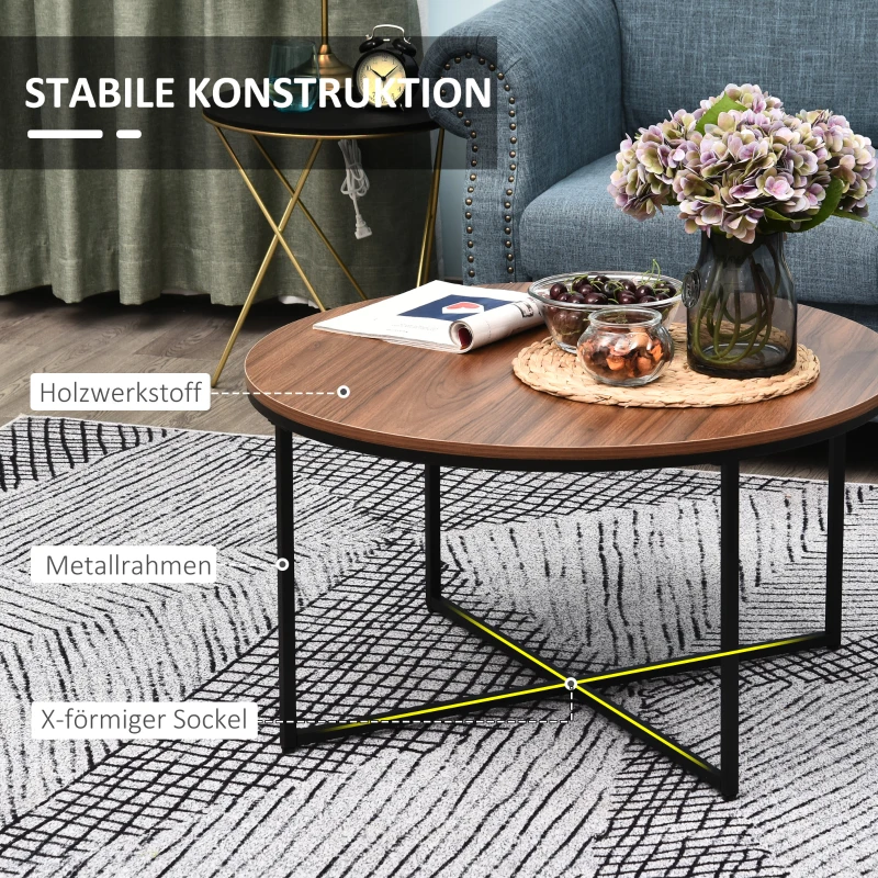 HOMCOM Couchtisch rund in Holzoptik, Kaffeetisch, Metallbeine, Spanplatte, Braun, Ø80 x H45 cm