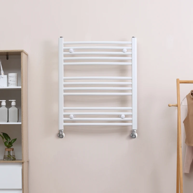HOMCOM Curved Heated Towel Rail, Hydronic Bathroom Ladder Radiator Towel Warmer For Central Heating 600mm x 700mm, White