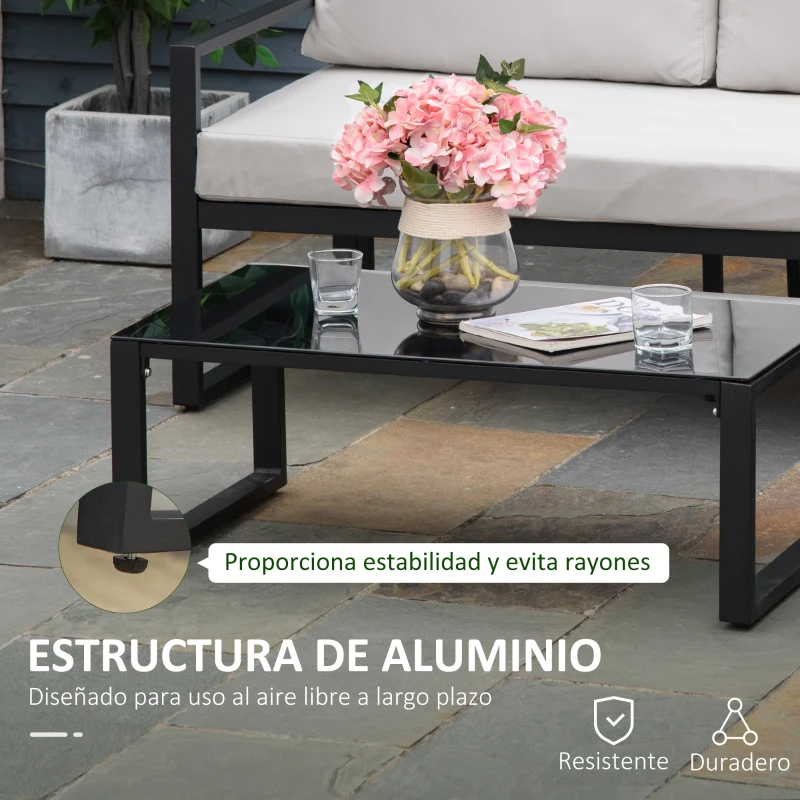 Outsunny Conjunto de Muebles de Jardín 3 Piezas de Aluminio Juego de Muebles con Mesa de Vidrio Sofá de 5 Plazas con Respaldo Ajustable y Cojines Extraíbles 206x68x62 cm Negro y Gris