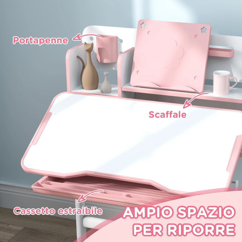 AIYAPLAY Set Scrivania e Sedia per Bambini Regolabili, Banco Scuola con Piano Inclinabile, Cassetto, Scaffale, Rosa