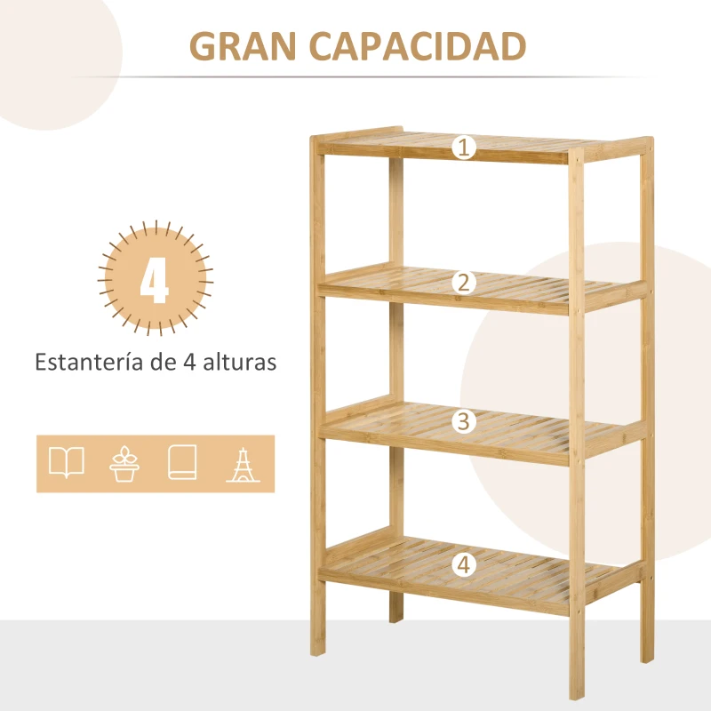 HOMCOM Estantería Librería de Bambú Mueble Organizador Multifuncional de 4 Niveles con Antivuelco 62x33x112 cm Natural