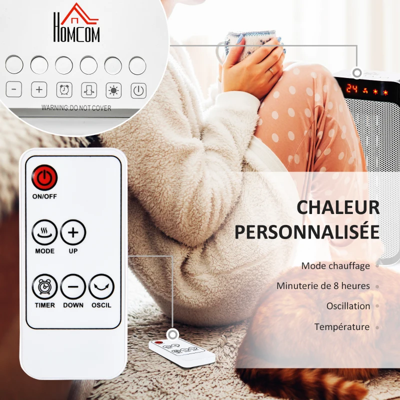 HOMCOM Chauffage d'appoint 1000W/2000W PTC chauffage électrique 3 modes 8H minuterie 45° oscillation télécommande blanc