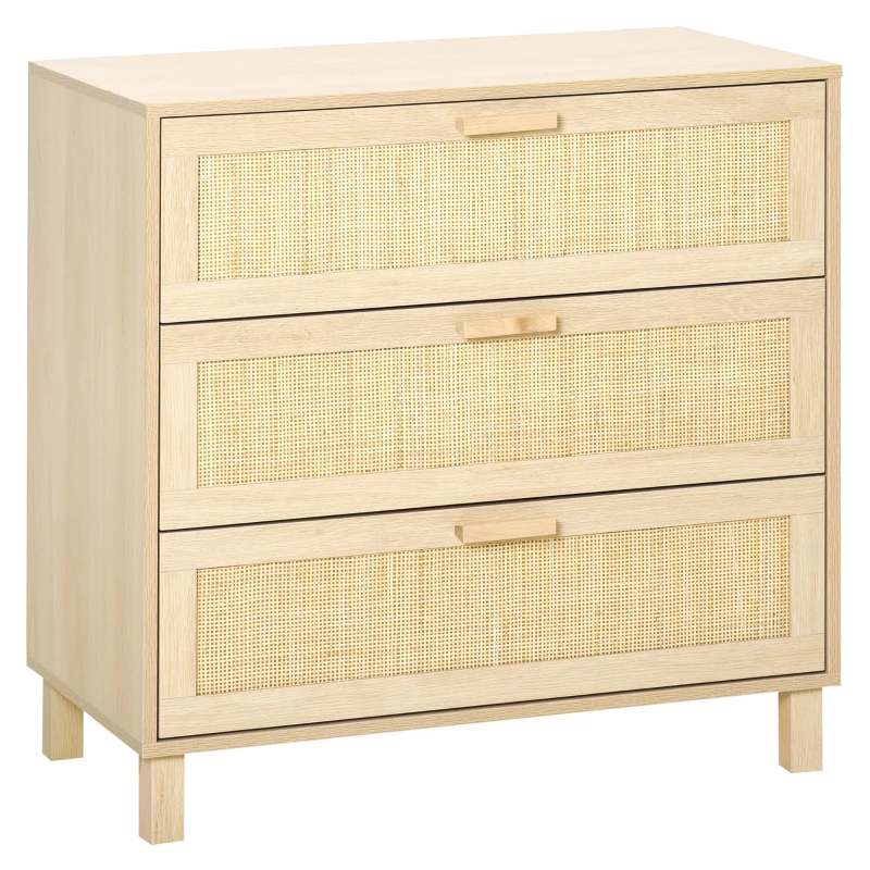 HOMCOM Rattan Bedroom Chest of Drawers, 3 Drawers Storage Unit, Boho Dresser for Living Room, Hallway, Natural