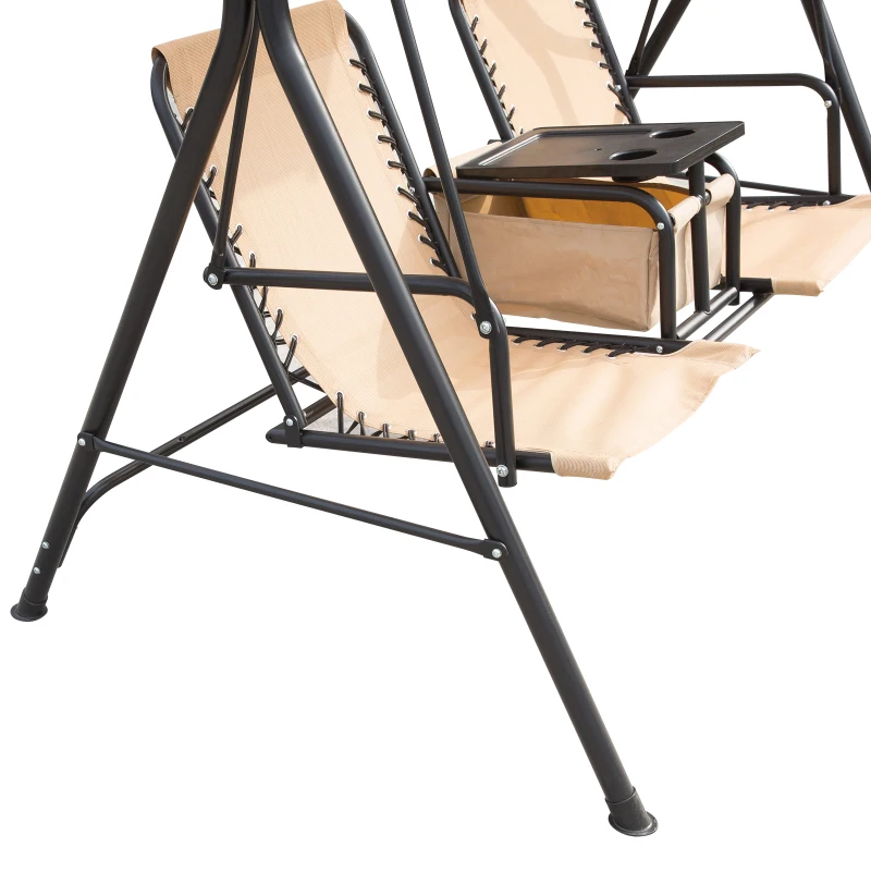 Outsunny Balancelle de Jardin 2 Places Table d'appoint pivotante + Rangement intégré Inclinaison Toit réglable Acier Noir Polyester Beige
