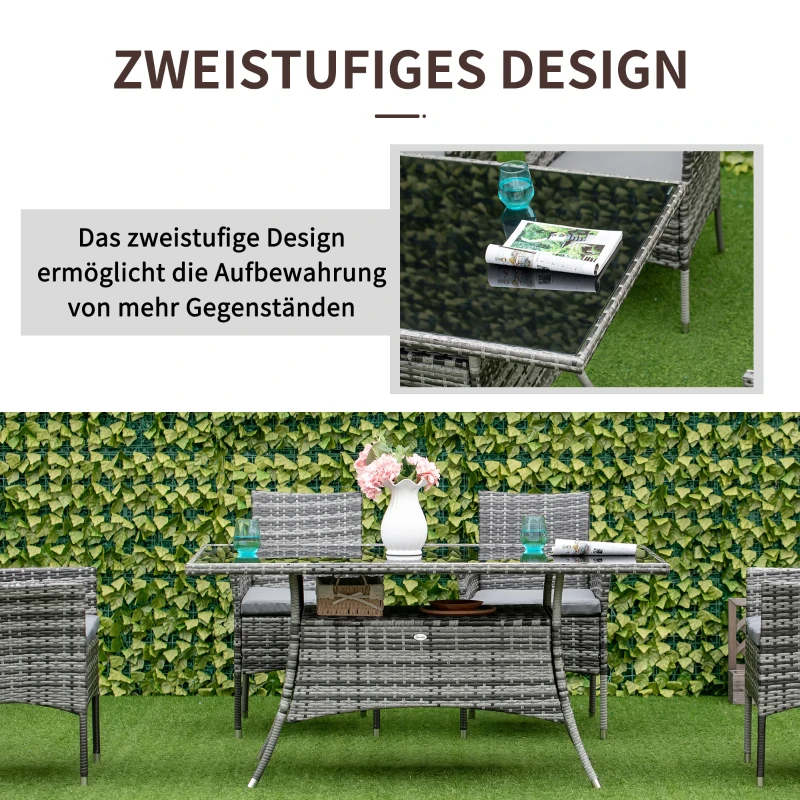 Outsunny Gartentisch Glastisch Esstisch Gartenmöbel Tisch, Polyrattan+Sicherheitsglas, Grau+Schwarz, 150x85x74cm