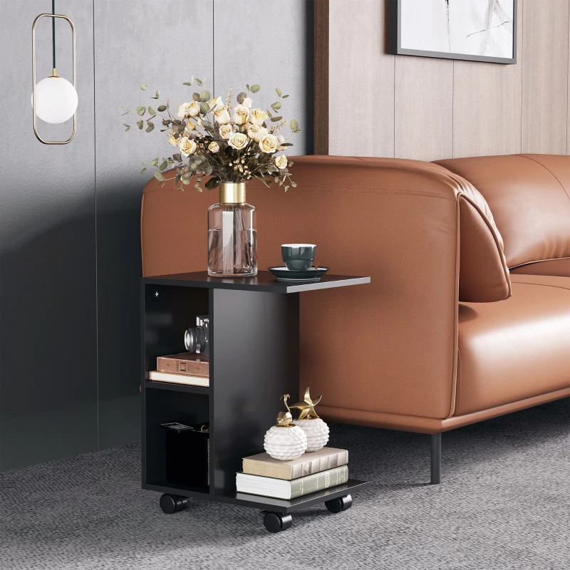 HOMCOM Mesa Auxiliar en Forma de C con Ruedas Estantes Abiertos para Salón Dormitorio 45x35x58 cm Negro