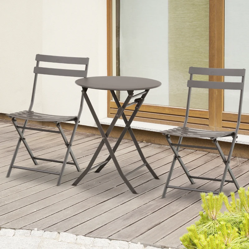 Outsunny Tavolino con Sedie da Giardino Pieghevoli in Acciaio Marrone, Set 3 Pz per Balcone, Terrazzo, Esterno