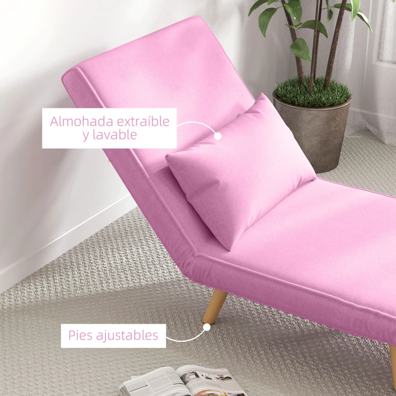 HOMCOM Sofá Cama Individual Tapizado en Lino con Respaldo Ajustable en 5 Posiciones y Almohada 72x75x85 cm Rosa(m-7)
