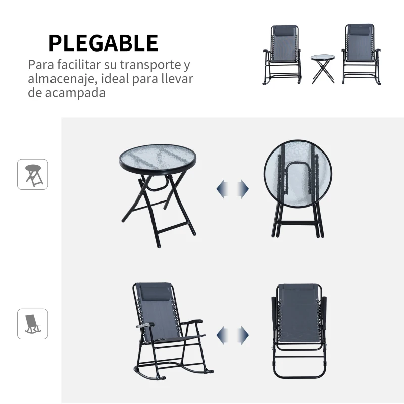 Outsunny Set de Muebles de Jardín Mesa Redonda Ø46x49 cm y 2 Sillas Mecedoras 68x90x106 cm Plegables con Bloqueo para Exterior Patio Gris