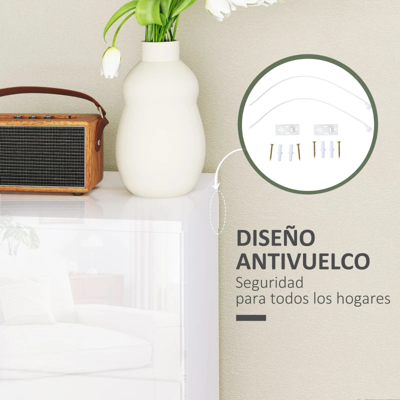 HOMCOM Cómoda con 4 Cajones Diseño Anti-vuelco Cajonera para Salón Pasillo 55x33x80 cm Blanco Brillante(m-5)