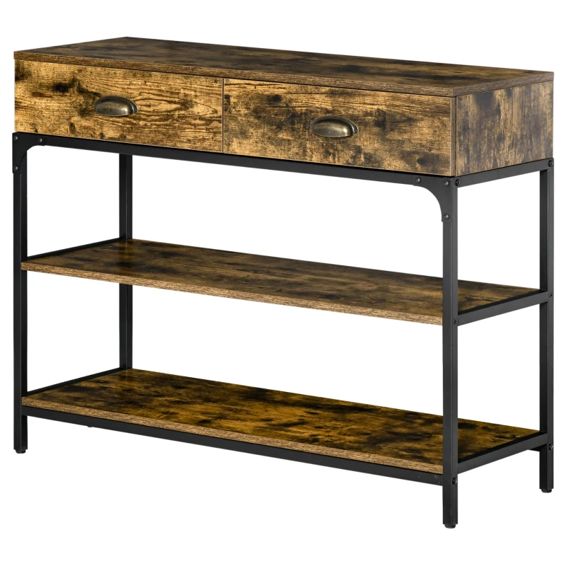 HOMCOM Table Console - Table d'entrée - Table d'appoint  Industriel 2 tiroirs 2 étagères métal Noir en Bois rustique