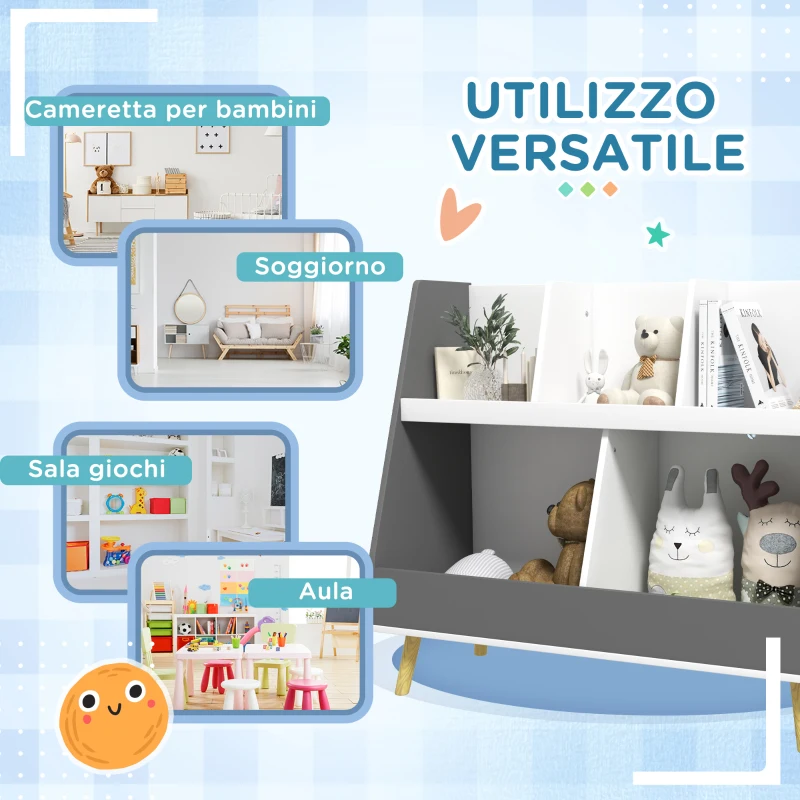 HOMCOM Mobile Portagiochi per Bambini a 2 Livelli con 5 Scomparti in Legno, 80x34x79cm, Grigio