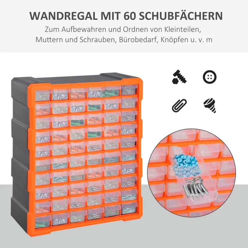 DURHAND Sortierkasten Kleinteilemagazin Teile Box Aufbewahrungsbox 60 Fächer Orange L38 x B16 x H47,5 cm