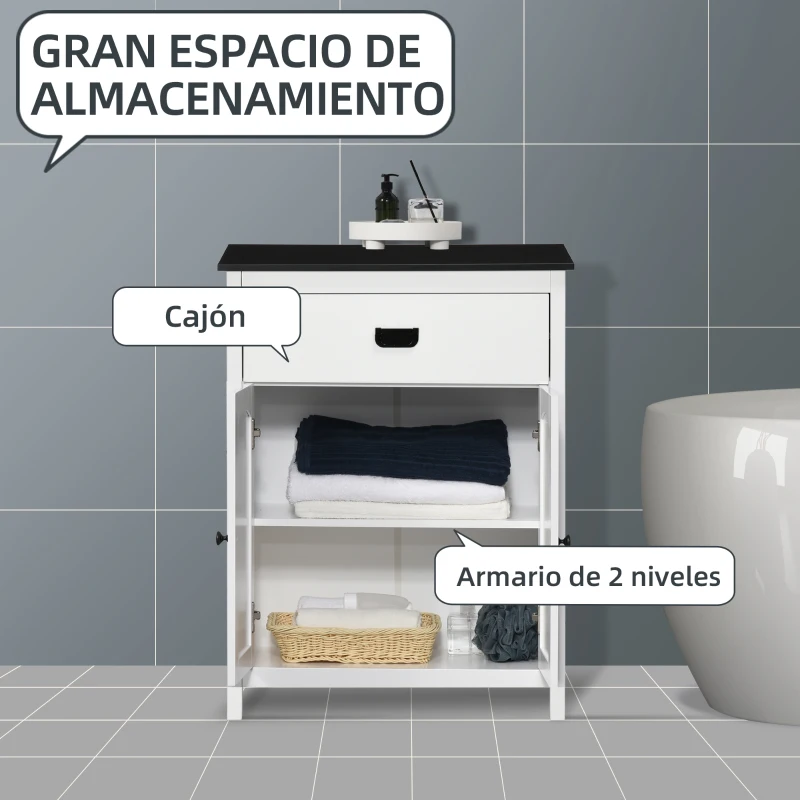 kleankin Armario Auxiliar de Baño Estilo Moderno con 1 Cajón 2 Puertas y Estante para Lavabo Ducha  60x30x80 cm Blanco