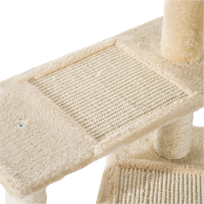 PawHut Trespolo per Gatti Multilivello con Tiragraffi in Sisal, Albero per Gatti con Piattaforme e Cuccia in Peluche Beige, 50x50x100cm