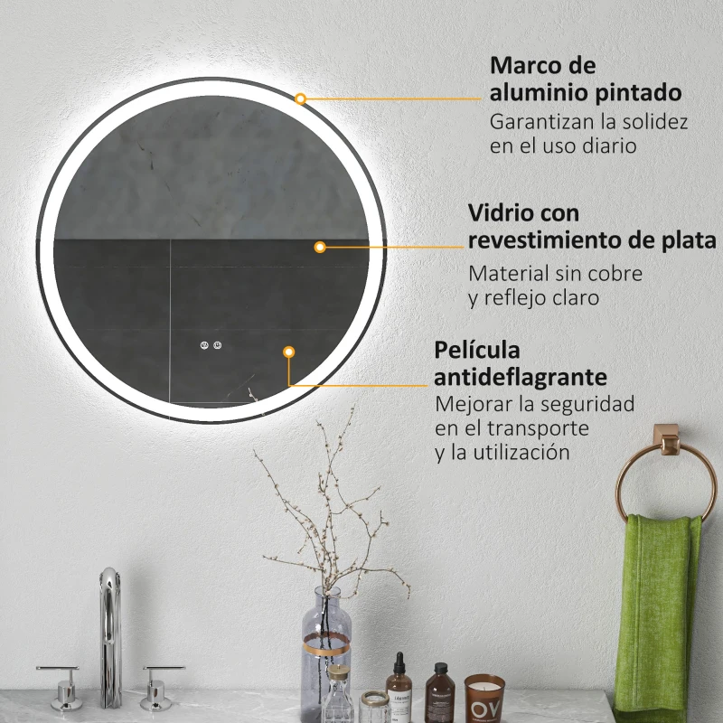 kleankin Espejo para Baño Redondo Ø60 cm con Luces LED Ajustable Antivaho Función de Memoria e Interruptor Táctil Plata