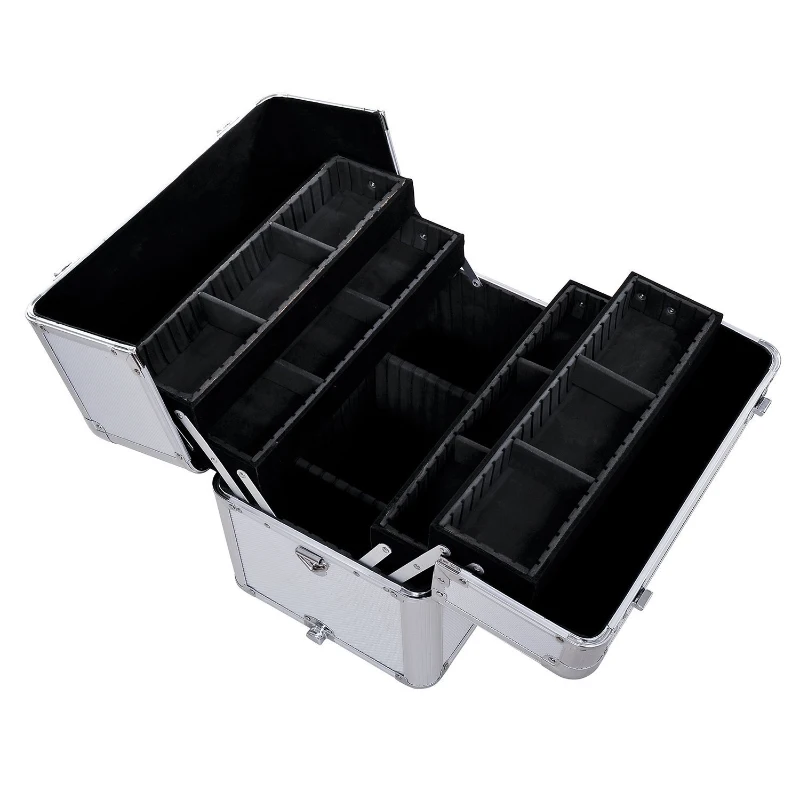 HOMCOM Maletin Maquillaje Profesional 35,5x23x86cm Maleta Trolley 4 Pisos 2 Ruedas Plateado Peluqueria Estetica