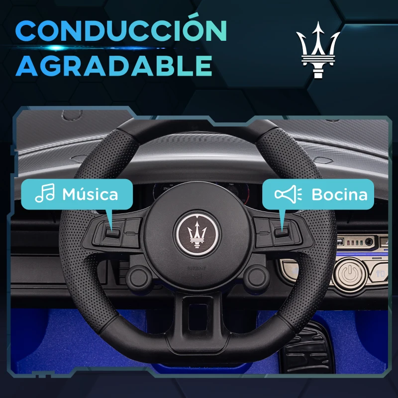 AIYAPLAY Coche Eléctrico para Niños de +3 Años Maserati GT2 con Mando a Distancia Faros LED Bocina Música Ruedas Auxiliares Azul(m-7)