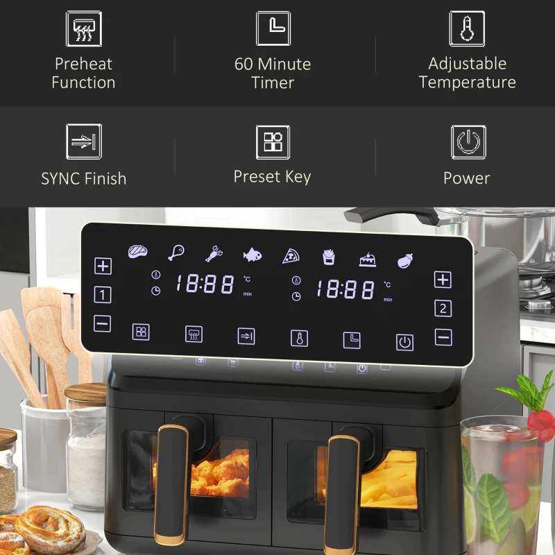HOMCOM 8L 200°C Double Air Fryer, with 8 Preset Menus and Digital Display - Gold Tone/Black