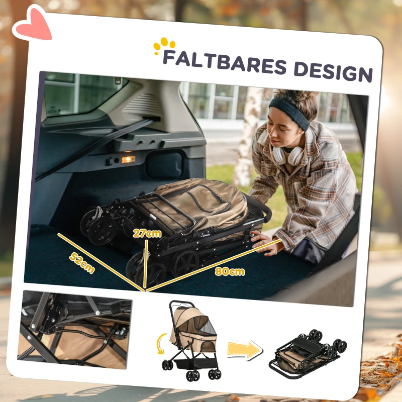 PawHut Hundewagen Hundebuggy klappbar, 1 Korb, 2 Bremsen, inkl. Sicherheitsleine, Hellbraun