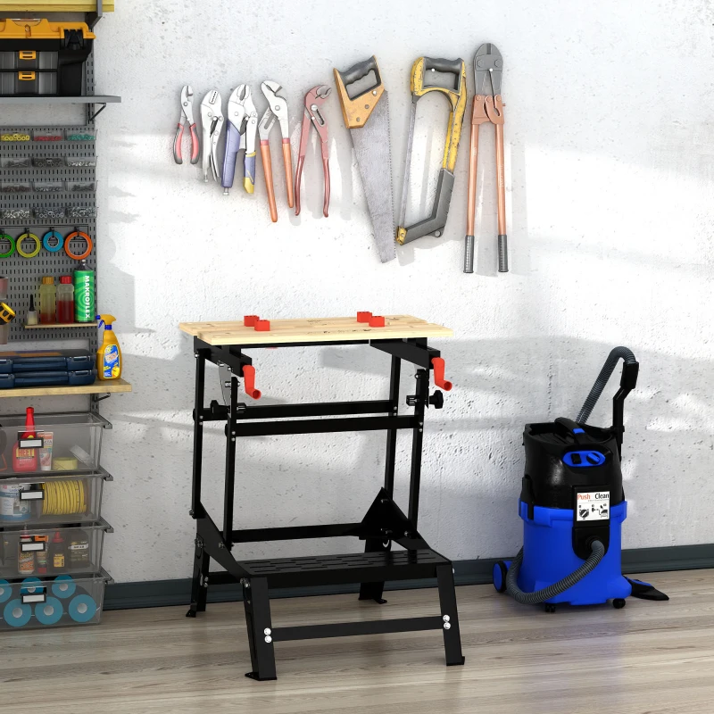 HOMCOM Banco da Lavoro Pieghevole con Altezza Regolabile, 4 Morsetti e Fori per Utensili, in Metallo e Bambù, 68x60x21-78cm, Nero