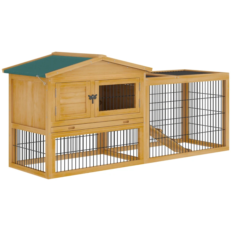 PawHut Rabbit Hutch Outdoor, Wooden Guinea Pig Hutch with Rabbit Run 2 Level Design Water Resistant Openable Roof 150 x 52.5 x 68 cm, Yellow