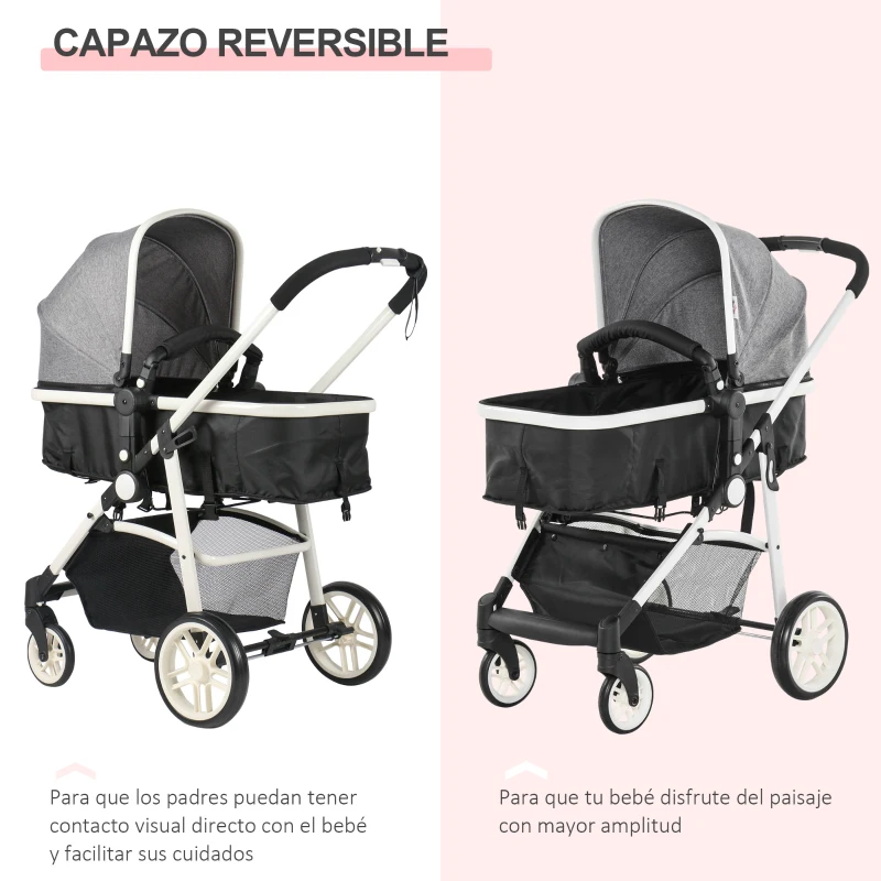 HOMCOM Silla de Paseo 2 en 1 Cochecito de Bebé y Capazo para Niños de 0-36 Meses con Capota Plegable Respaldo Reclinable Cesta Grande Palanca de Freno Carga 15kg 80x51x102 cm Gris
