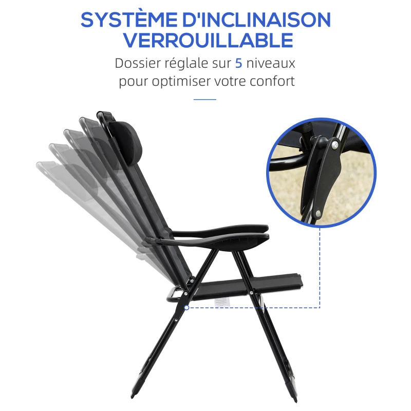 Outsunny Lot de 2 chaises de jardin set basic de 2 chaises pliantes chaise de camping chaise de balcon accoudoir dossier réglable en 5 positions oreiller amovible fourni tissu oxford textilène noir