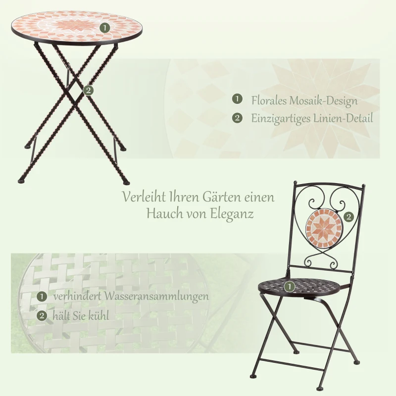 Outsunny 3-teiliges Bistroset Bistro-Set Balkon, Mosaik-Muster, 2er Bistro-Set, Braun + Gelb