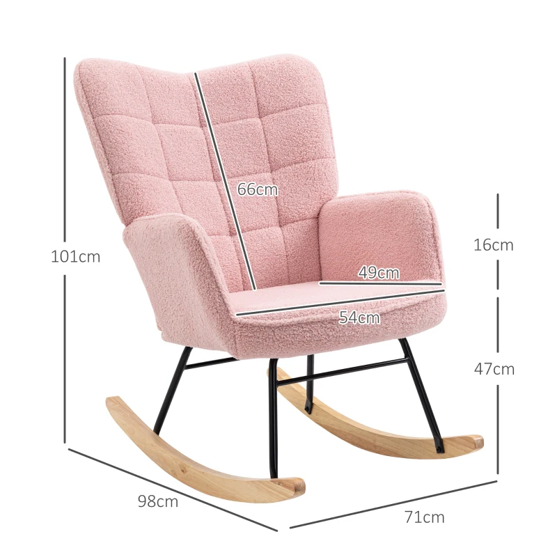 HOMCOM Schaukelstuhl im Retro-Design, Massivholz, Sessel, Relaxsessel, 98 cm x  71 cm x 101 cm, Rosa