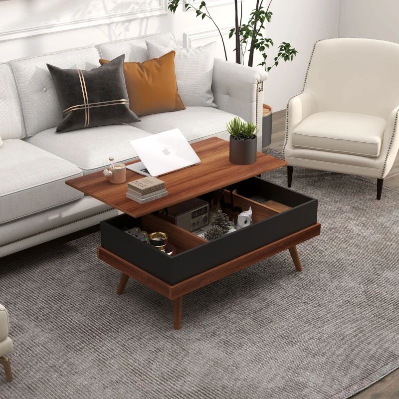 HOMCOM Mesa de Centro Elevable con 3 Compartimientos de Almacenaje Ocultos y Patas de Madera 100x79x54 cm Marrón y Negro(m-2)