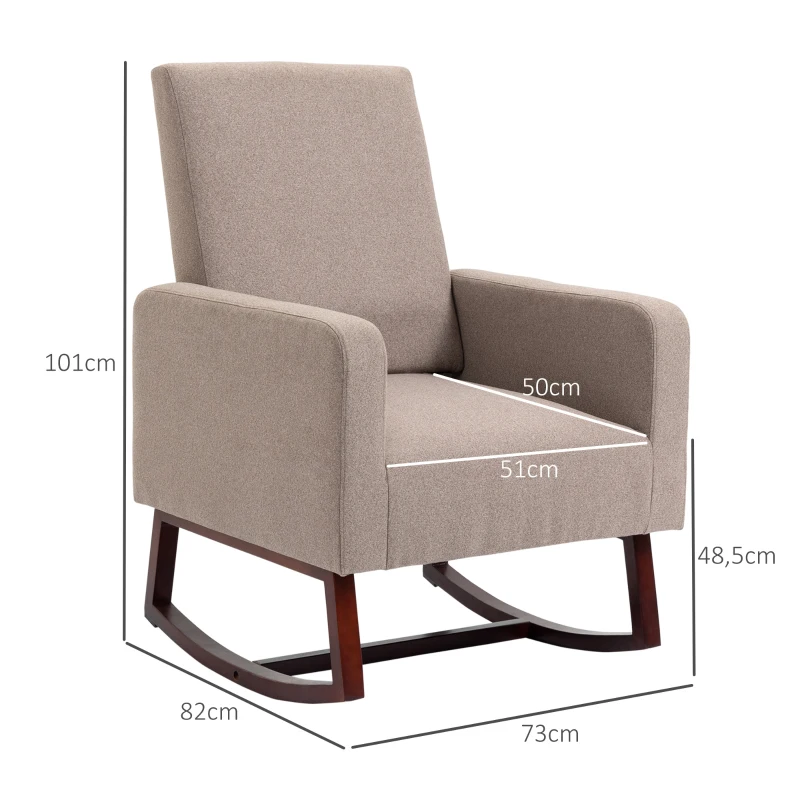 HOMCOM Silla Mecedora Tapizada en Franela Sillón Balancín Relax con Asiento Reposabrazos Acolchados y Pies de Madera de Caucho Ideal Lactancia 72x75x105 cm Marrón