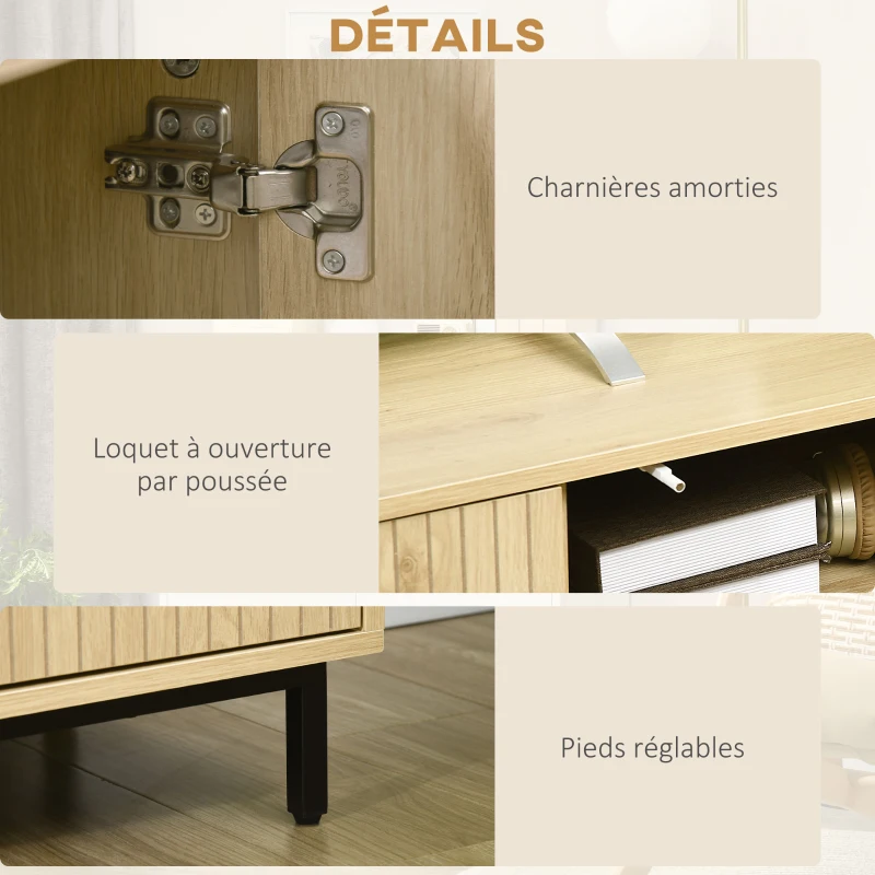 HOMCOM Meuble banc TV Banc Max. 65 Pouces 3 placards 2 passe-câbles avec étagères réglables - dim. 150L x 40D x 51H cm