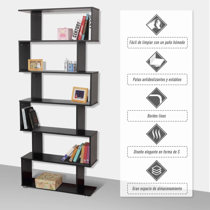 HOMCOM Estantería Librera 6 Estantes Madera Forma S 80x24x191 cm Estantes Color Negro