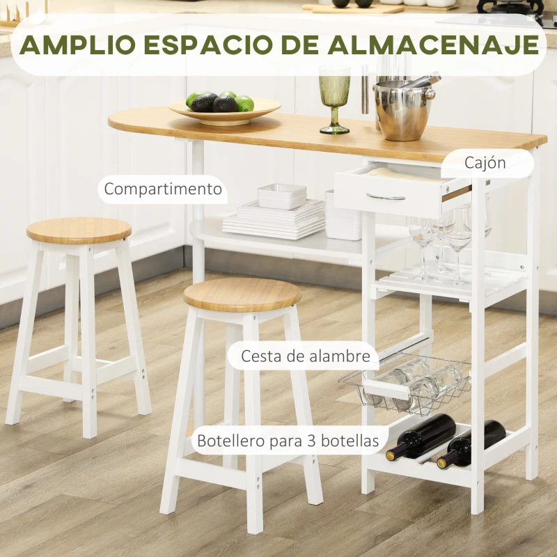 HOMCOM Set de Mesa de Bar de 119x38,5x88,5 cm con Cesta Extraíble y Botellero y 2 Taburetes de 29x29x55 cm Blanco(m-4)