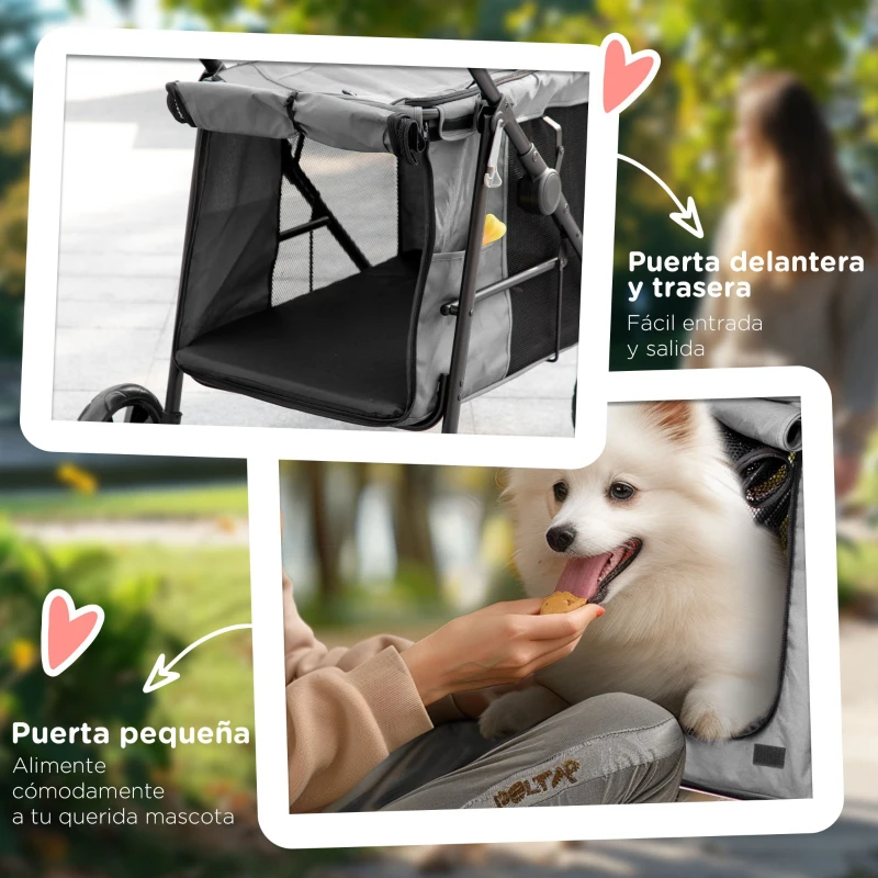 PawHut Carrito para Perros con Ventanas Bolsillo de Almacenaje Correas de Seguridad y 2 Ruedas Universales 107x67x102 cm Gris(m-6)