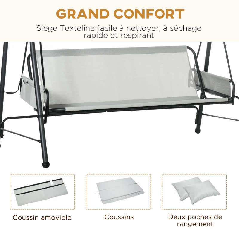 Outsunny Balancelle de jardin 3 places convertible toit inclinaison réglable 2 pochettes de rangement 236 x 138 x 185 cm gris