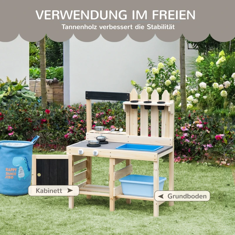 Outsunny Matschküche Outdoor Sandspieleset aus Holz Gartenküche Spieltisch Sand mit Pflanztöpfe Edelstahl Zubehör Spielzeugset Spielzeugküche für 3-7 Jahre 81,5 x 46 x 102,5 cm