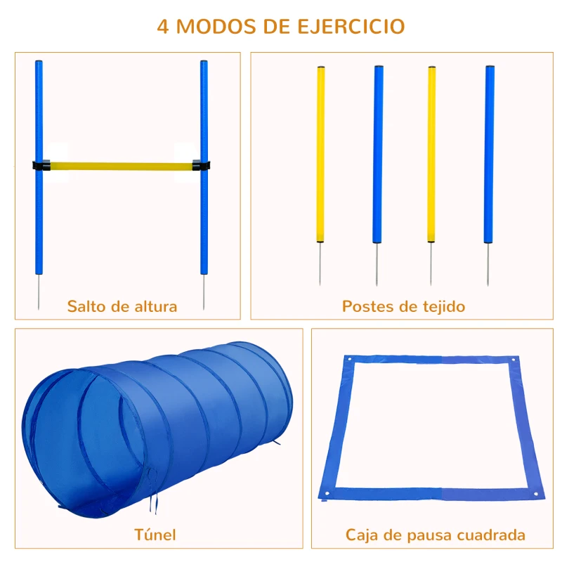 PawHut Set de Entrenamiento de Agilidad para Perros Obstáculos de Salto con Altura Ajustable Túnel para Perros Azul y Amarillo