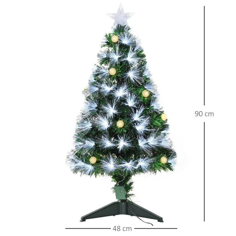 HOMCOM Sapin de Noël Artificiel Lumineux 90H cm Fibre Optique LED + 14 Ampoules + Support Pied 90 Branches étoile Sommet Brillante Vert